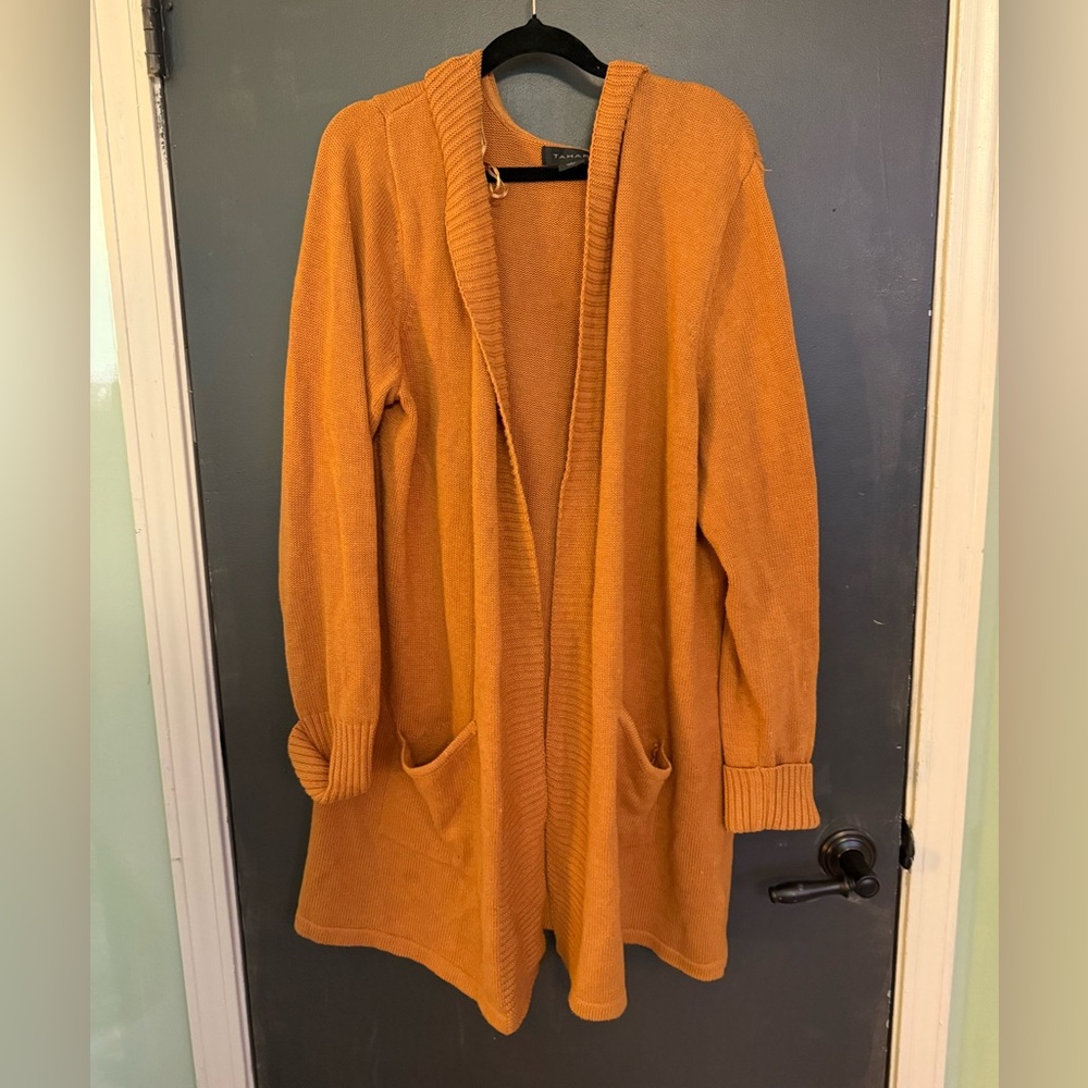 Tahari Warm Mustard Knit Hooded Long Cardigan Sweater